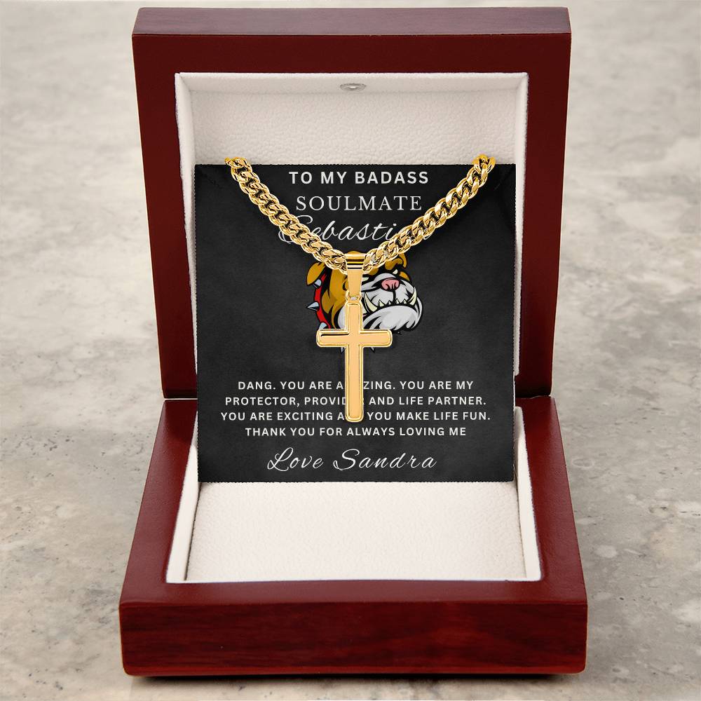 Personalized Gift for Husband Badass Soulmate - Cuban Link Chain Necklace with Cross