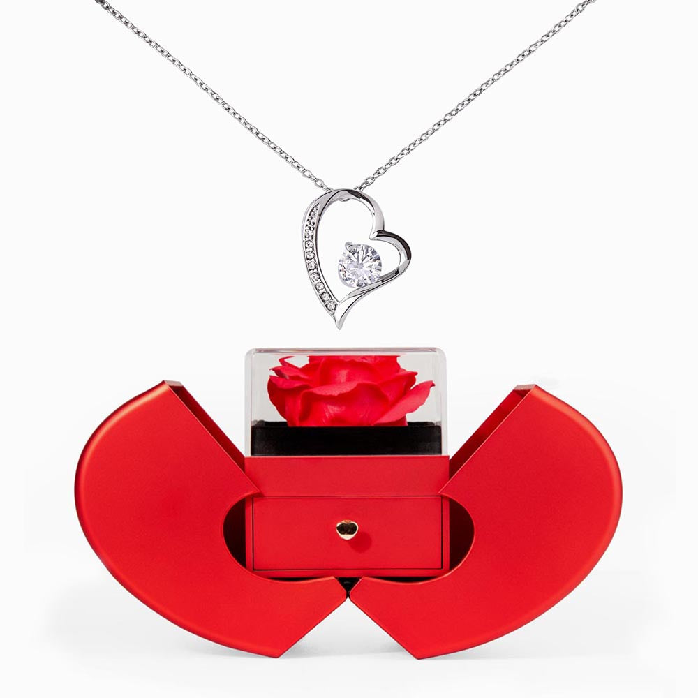 Red Heart Rose Box With Forever Love Necklace