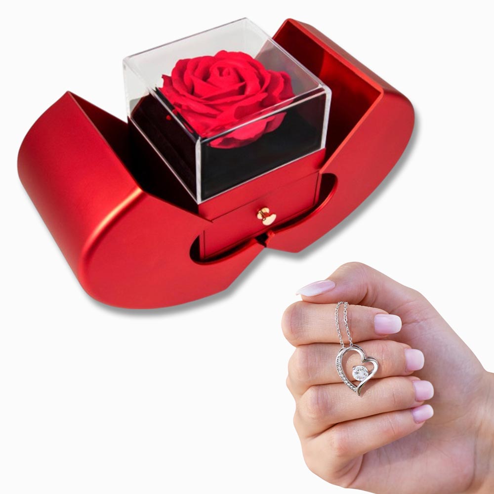 Red Heart Rose Box With Forever Love Necklace