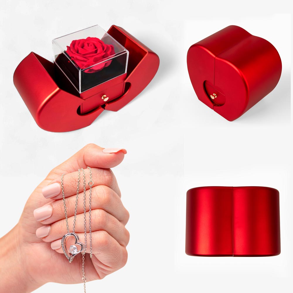 Red Heart Rose Box With Forever Love Necklace