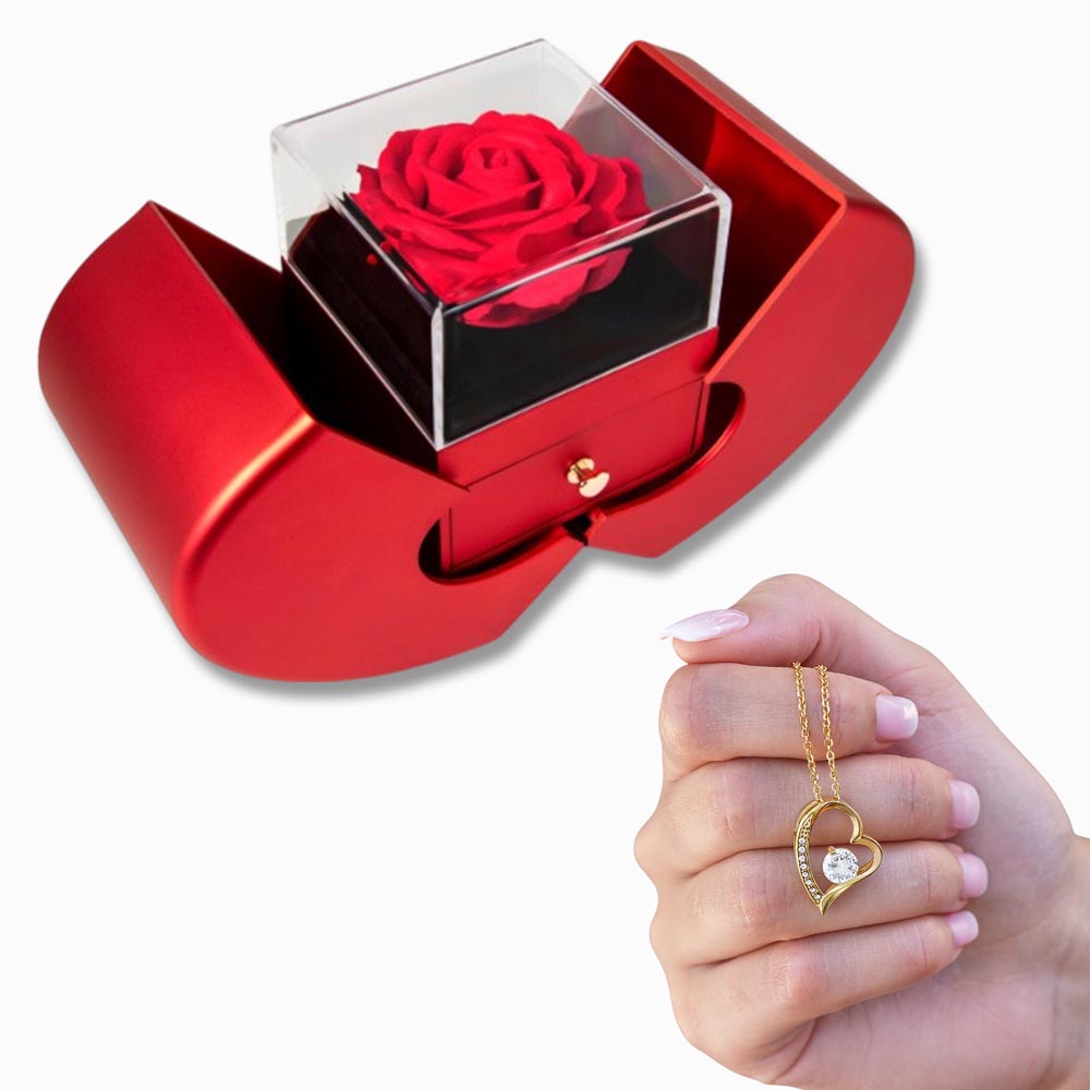 Red Heart Rose Box With Forever Love Necklace