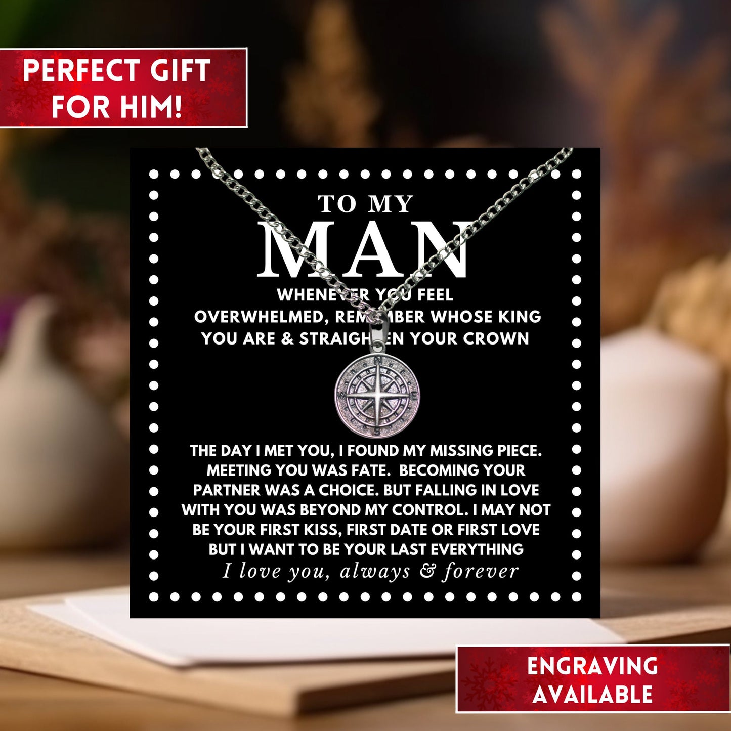 Romantic To My Man Engraved Necklace, Anniversary Gifts For Him, Love Letter Compass Gift, Encouragement Gifts For Couple, Birthday Gift