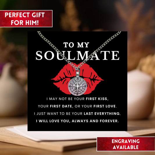 To My Soulmate Compass Necklace, Sentimental Valentines Day Gift For Him, Romantic Gift Ideas, Engraved Compass Necklace Gifts For Boyfriend