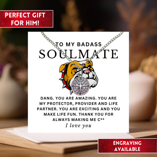 Valentines Day Soulmate Necklace, Engraved Compass Necklace Bulldog Gifts, Promise Necklace For Him Gift From Girlfriend, Fiance & Wife