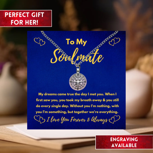 Sentimental To My Soulmate Necklace, Funny Valentines Day Gift For Her, Gift For Wife, Engraved Compass Necklace Gifts For Girlfriend