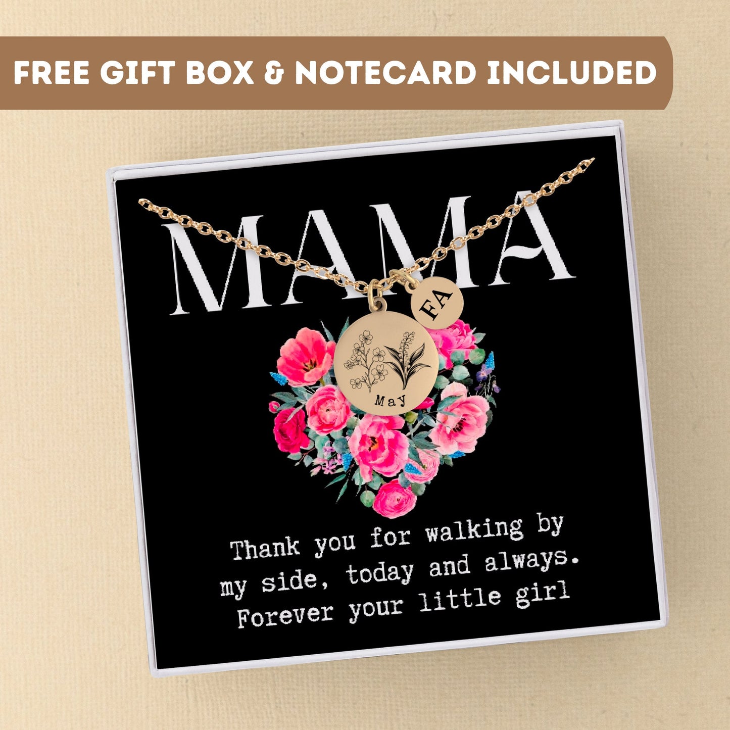 Personalized Birthflower Necklace For Mom, Birth Flower Necklace With Birthstone, Birthflower Bouquet Initial Necklace, Birth Month Flower