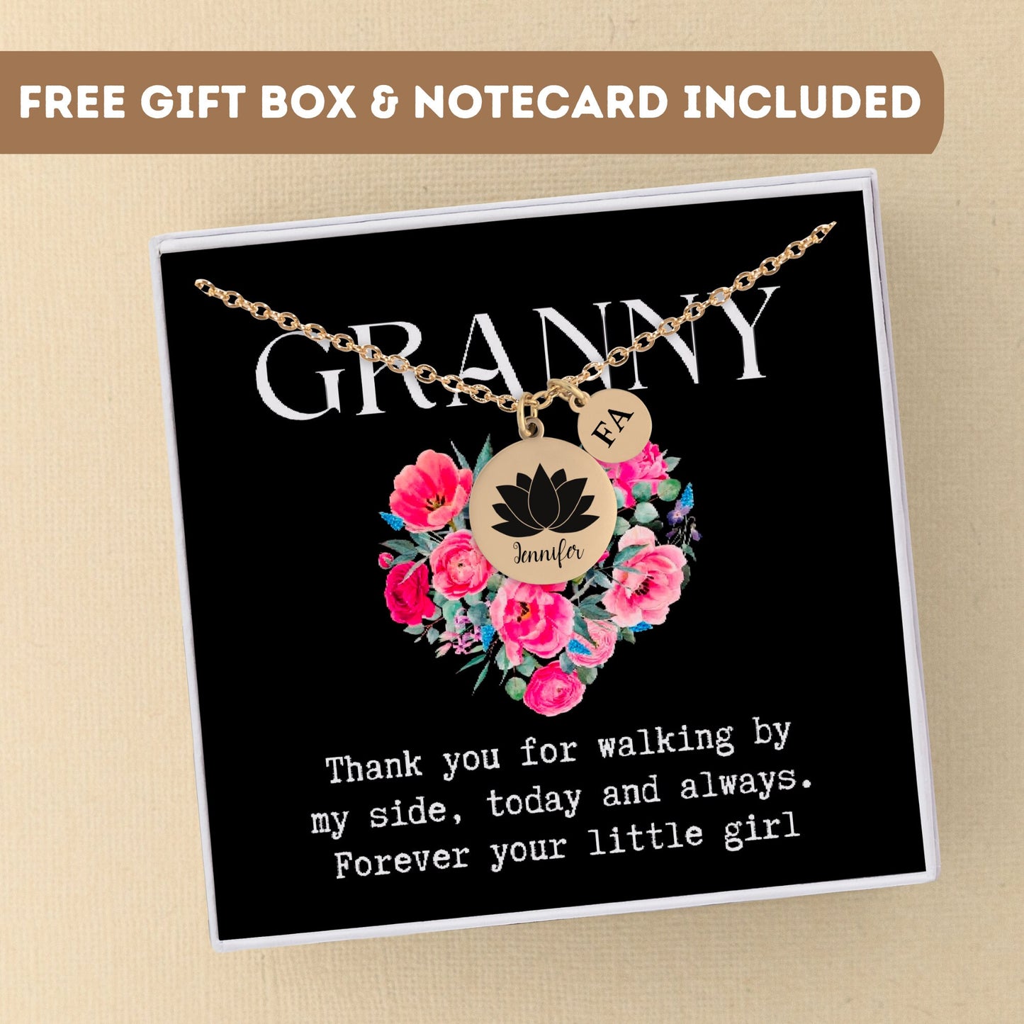 Personalized Necklace For Nana Grandma Grandmother Granny Mom Mother Gram Nona, Granny Gift, Lotus Flower Pendant, Lotus Flower Necklace