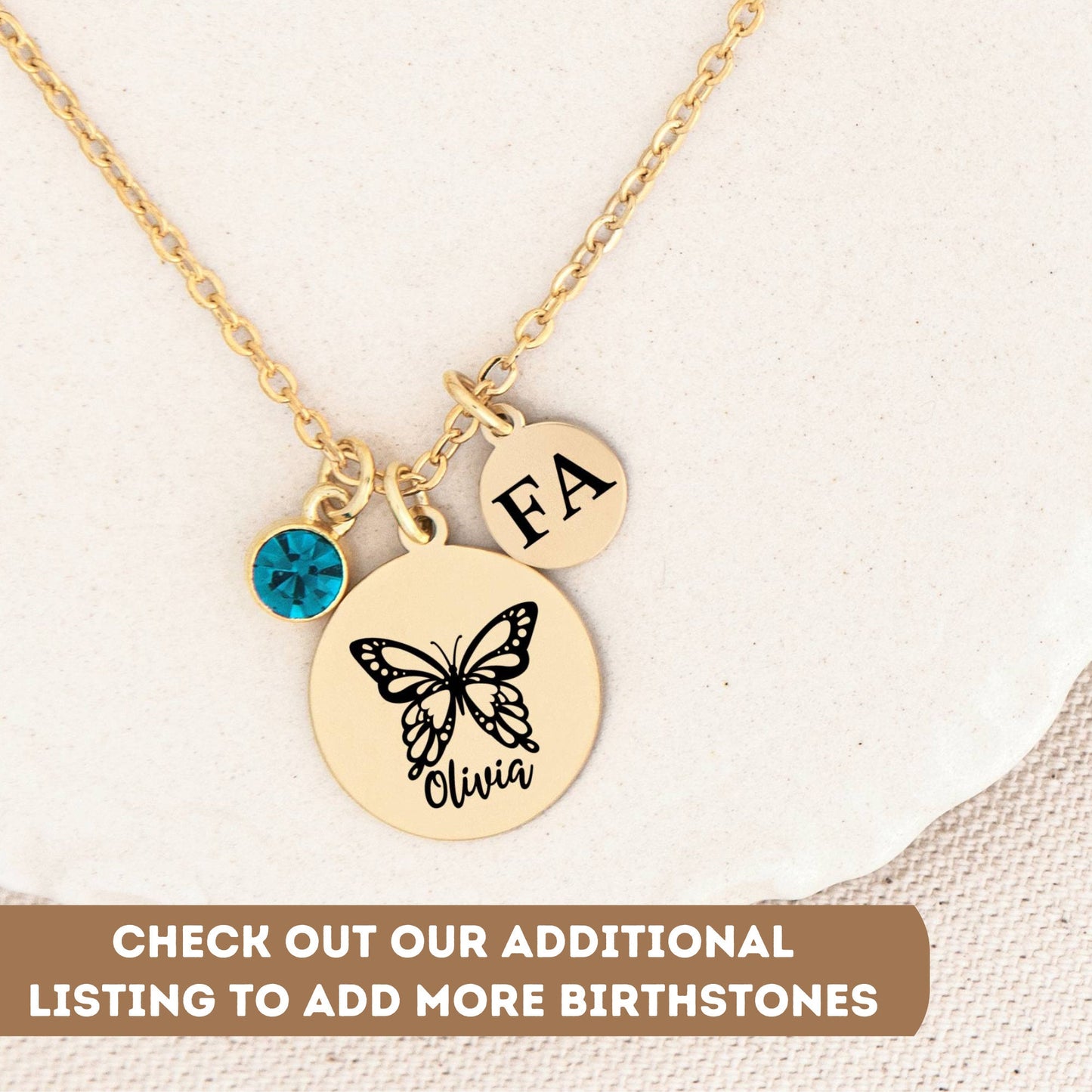 Personalized Fif-Tea Butterfly Necklace With Card, Birthstone Initial Pendant, Mothers Day Gift, Butterfly Pendant Necklace, Tea Lover Gift