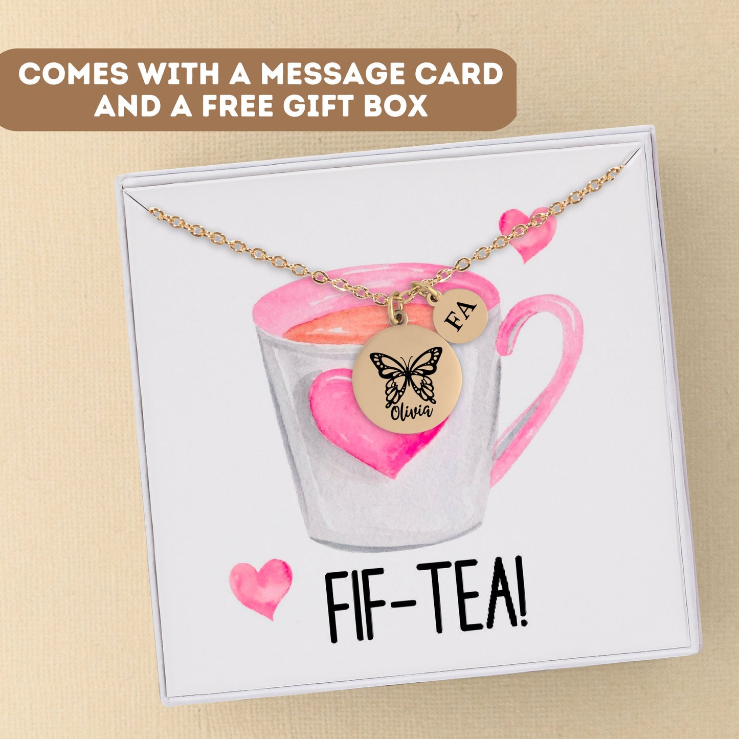 Personalized Fif-Tea Butterfly Necklace With Card, Birthstone Initial Pendant, Mothers Day Gift, Butterfly Pendant Necklace, Tea Lover Gift