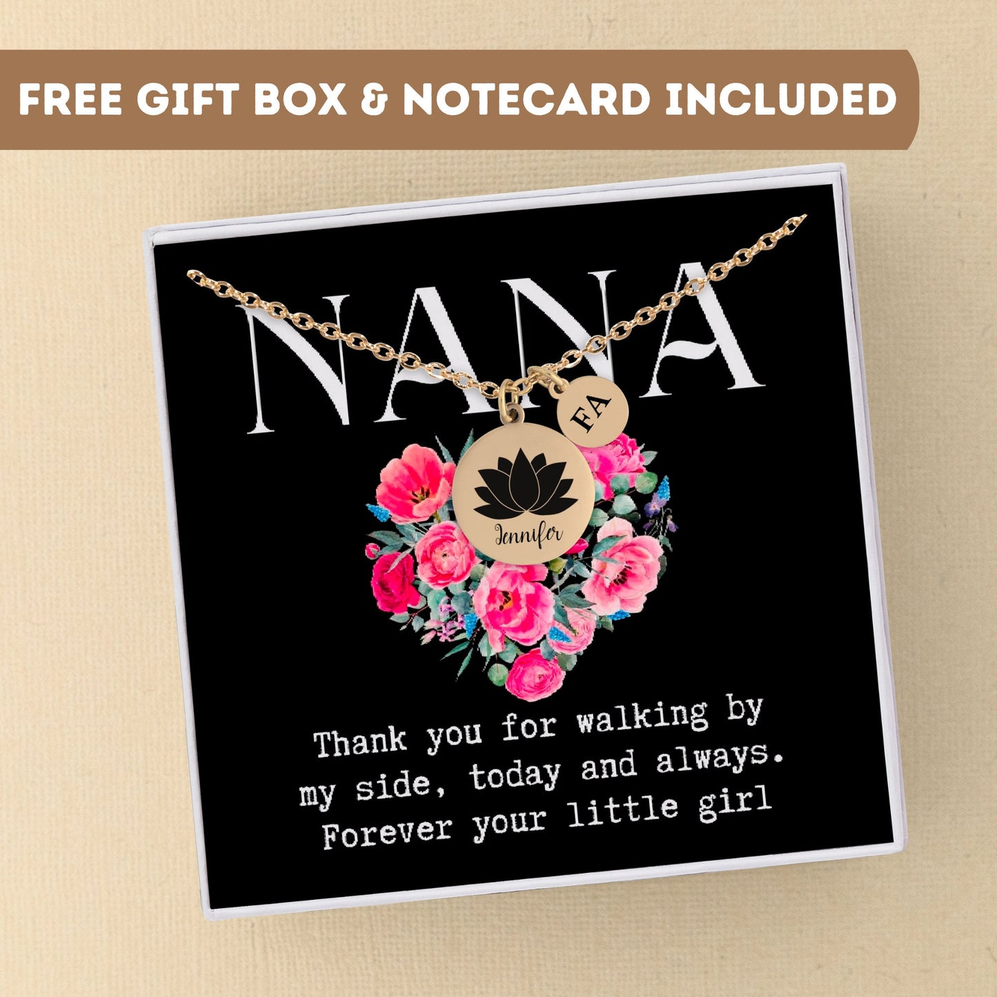 Personalized Necklace For Nana Grandma Grandmother Grammy Mom Mother Gram Nona, Lotus Charm, Lotus Flower Pendant, Lotus Flower Necklace