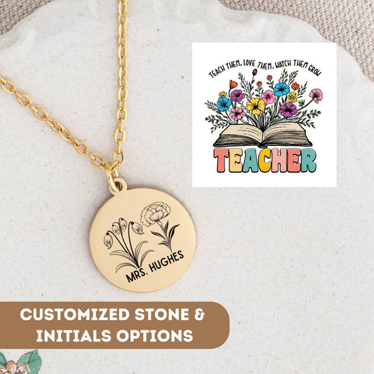 Personalized Teacher Necklace Gift, Thank You Teacher, Teacher Appreciation Pendant, Teacher Charm, Gift for Teacher, Floral Teacher Gift