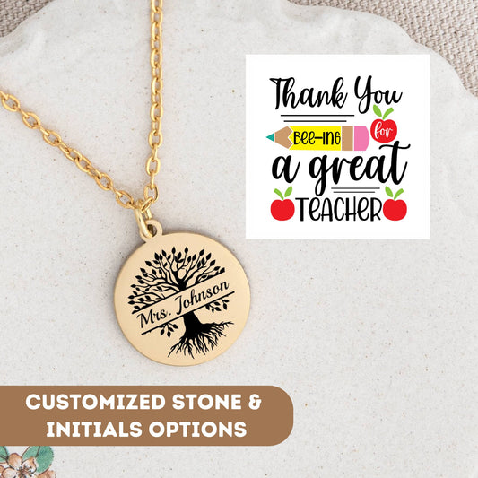 Personalized Bee Teacher Necklace, Bee Teacher Appreciation, Thank You Teacher Gift, Teacher Jewelry, Teacher Pendant, Cute Teacher Charm