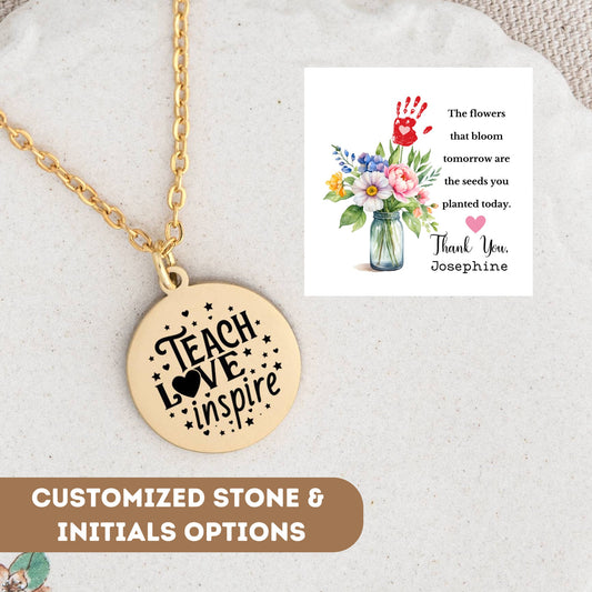 Personalized Teacher Necklace Gift, Floral Teacher Gift, Thank You Teacher, Teacher Appreciation Pendant, Teacher Charm, Gift for Teacher