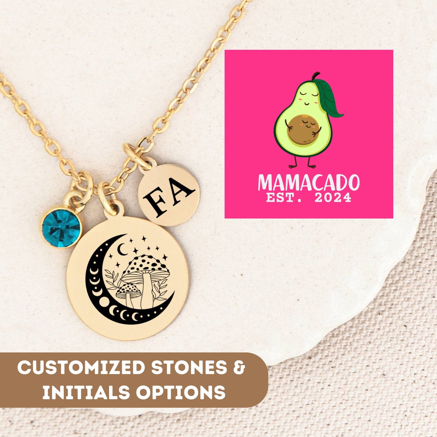 Personalized Necklace for Mom Gift, Mamacado Gift, Mushroom Mom Jewelry, Mom necklace with kids initials,  Funny Avocado Gift For Mother