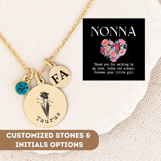 Personalized Birthflower Necklace For Nonna Gigi Nana, Birth Flower Jewelry, Astrology Jewelry, Constellation Necklace, Zodiac Necklace Gold