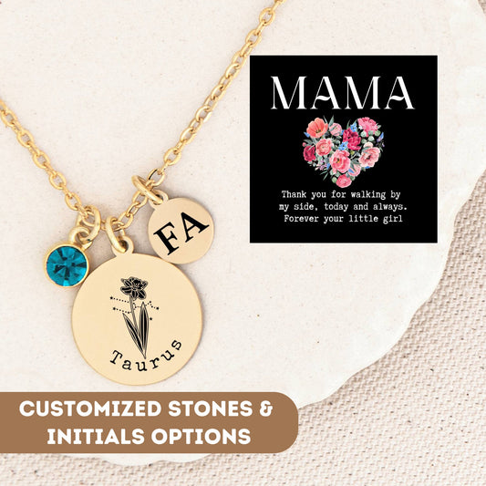 Personalized Birthflower Necklace For Mom Mama, Zodiac Flower Necklace, Birth Flower Necklace, Birthflower Charm, Birthstone Initial Jewelry