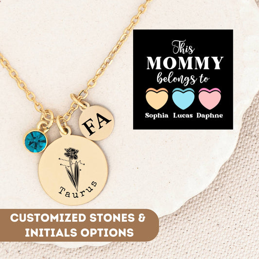 Personalized Birthflower Necklace For Mom, Birth Flower Necklace, Birth Flower Bouquet, Zodiac Necklace, Astrology Jewelry, Constellation
