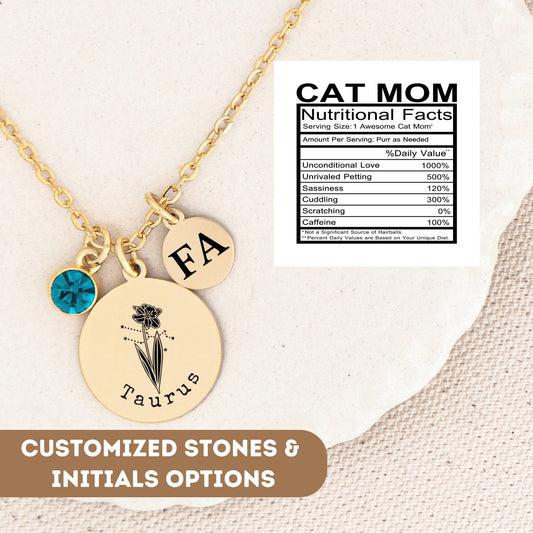 Personalized Birthflower Necklace For Mom, Birth Flower Family Bouquet, Zodiac Flower Necklace, Cat Mom, Cat Mom Gifts, Cat Mom Necklace