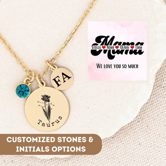 Personalized Mama We Love You Birthflower Necklace For Mom, Birth Flower Necklace, Zodiac Flower Necklace, Constellation Astrology Jewelry