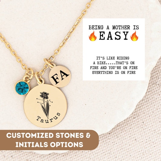 Personalized Birthflower Necklace For Mom, Birth Month Necklace, Zodiac Flower Necklace Gold, Constellation Charm, Astrology Jewelry, Flower