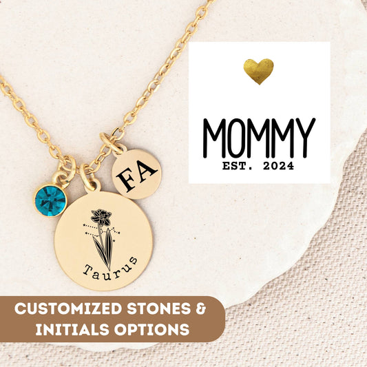 Mommy Est 2024 Celestial Constellation Necklace, Zodiac Coin Necklace, Astrology Jewelry, Scorpio Zodiac Necklace, Taurus Gifts For Her