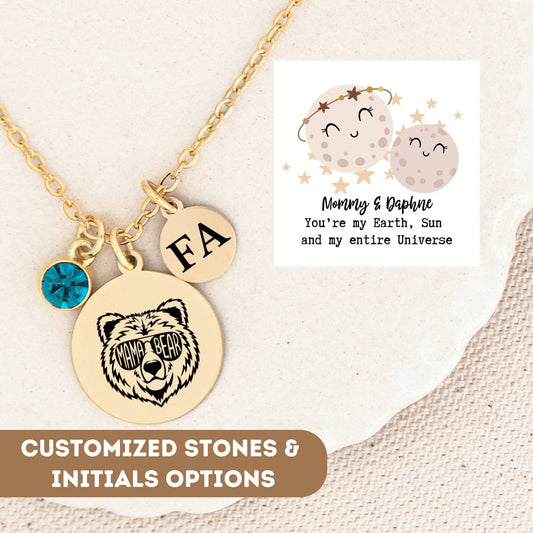 Personalized Mama and Baby Planets Necklace, Mama Bear Jewelry for Grandma, Mother Daughter Bear Pendant, Dainty Mother's Day Gift