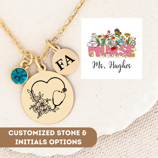 Personalized Nurse Necklace, Nurse Jewelry, RN Necklace, Nurse Graduation, Custom Nurse Gift, Stethoscope Charm, Nurse Pendant, Nurse Charm