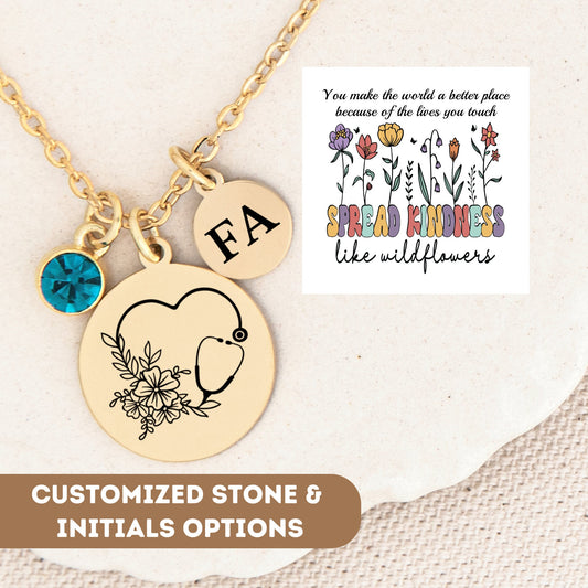 Personalized Registered Nurse Necklace, Stethoscope Charm, Rn Gift, Floral Nurse Gift Graduation, Nurse Appreciation Gift, Nurse Pendant