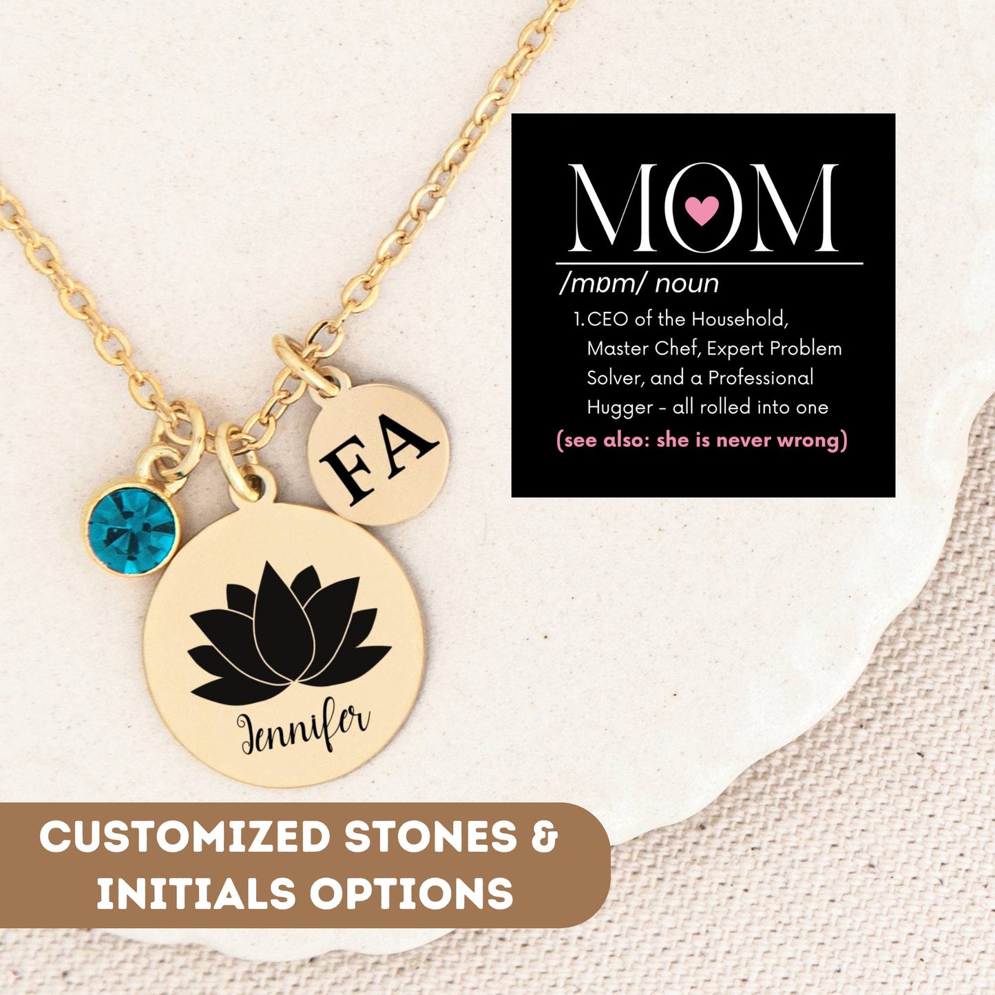 Personalized Necklace For Mom Gift, Mom Dictionary Gift, Custom Mom Necklace, Lotus Flower Pendant Gift, Lotus Flower Necklace, Mom Jewelry
