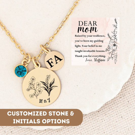 Personalized Birthflower Necklace For Mom, Birth Flower Family Bouquet, Dainty Birthflower Necklace, Birth Flower Necklace With Birthstone