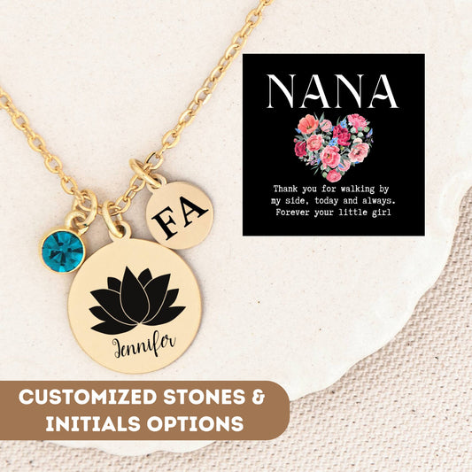 Personalized Necklace For Nana Grandma Grandmother Grammy Mom Mother Gram Nona, Lotus Charm, Lotus Flower Pendant, Lotus Flower Necklace