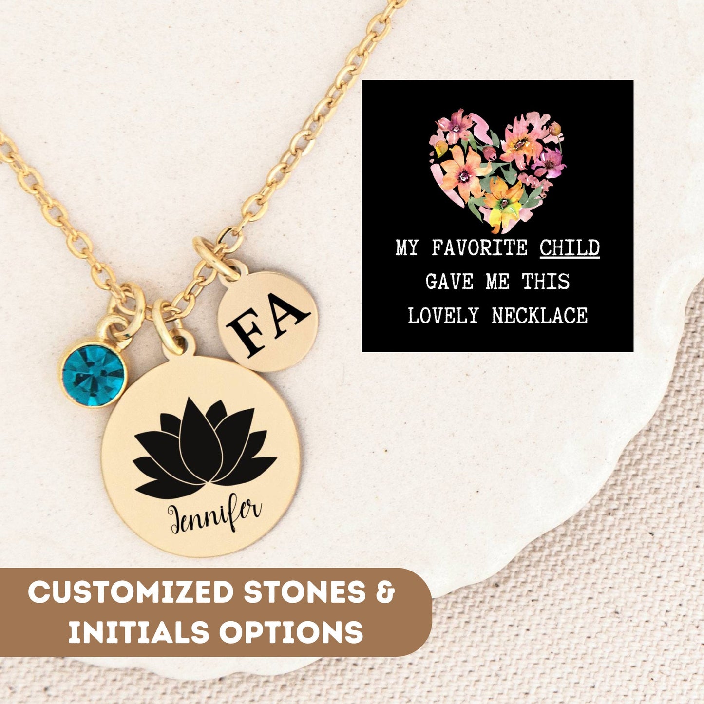 Personalized Necklace for Mom Gift, Lotus Flower Pendant, Lotus Flower Necklace, Mom jewelry, Funny Favorite Child Gift, Mother Charm Gift