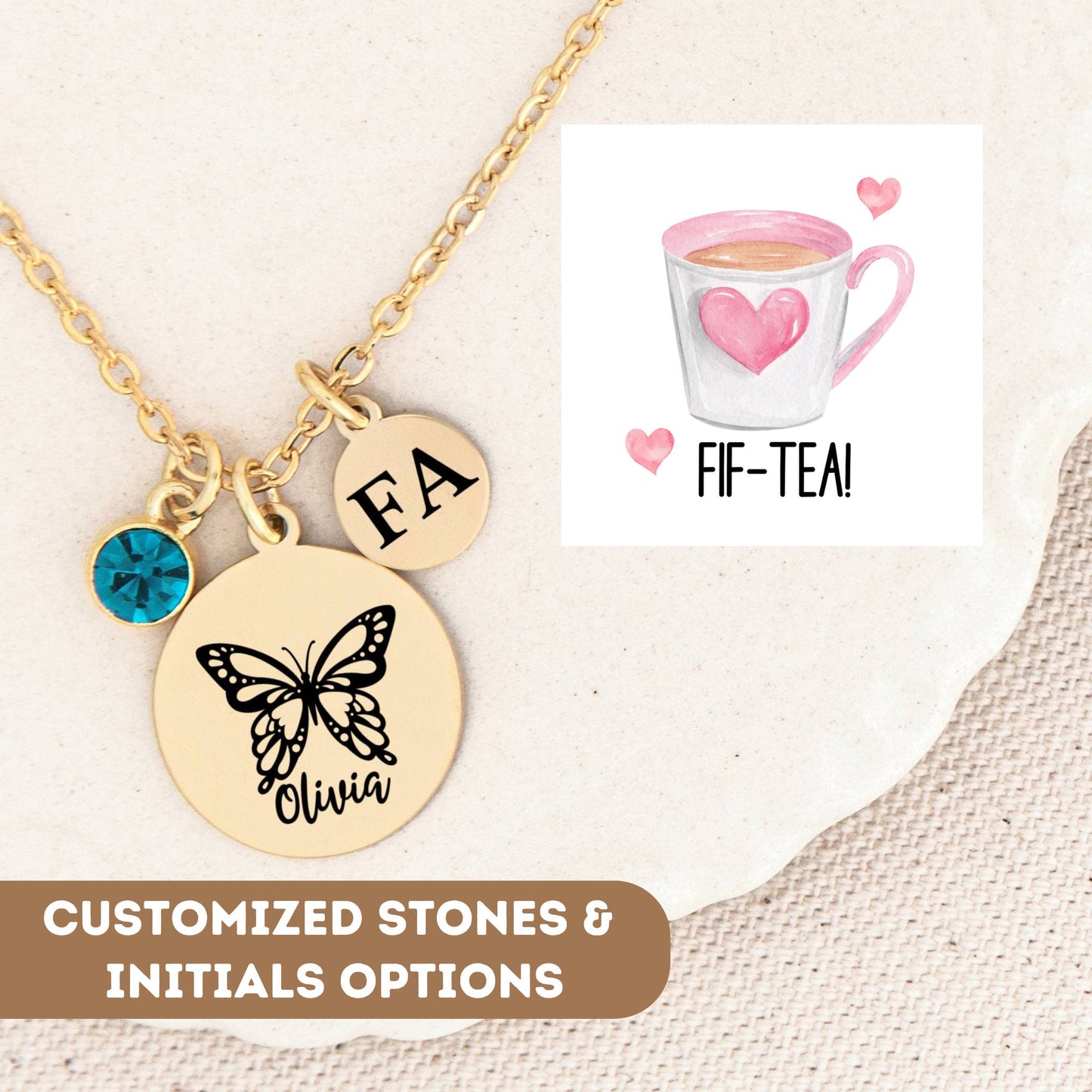 Personalized Fif-Tea Butterfly Necklace With Card, Birthstone Initial Pendant, Mothers Day Gift, Butterfly Pendant Necklace, Tea Lover Gift