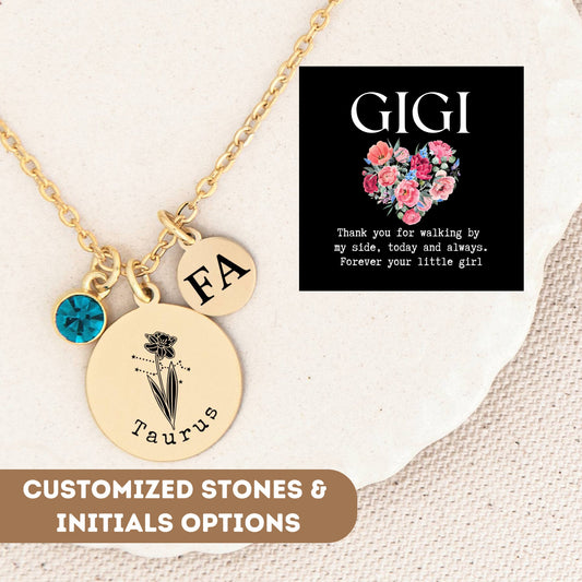 Personalized Birthflower Necklace For Gigi Grandma Nana, Birth Flower Necklace With Birthstone, Zodiac Flower Charm, Astrology Jewelry, Star