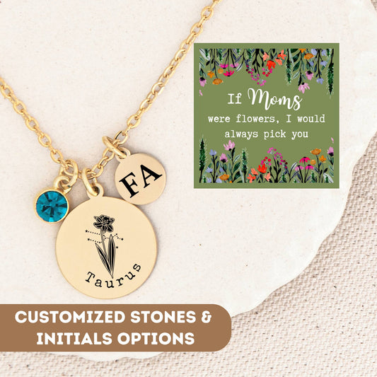 Personalized Birthflower Necklace For Mom, Birth Flower Charm Gold Filled, Zodiac Flowers Necklace, Astrology Necklace, Constellation Charm