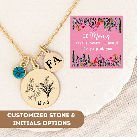 Personalized Birthflower Necklace For Mom, Birthflower Charm, Birth Flower Charm, Birth Flower Pendant Necklace, Custom Birthflower Jewelry
