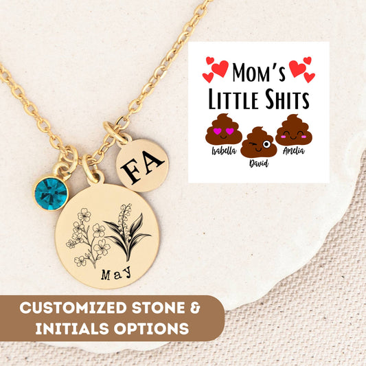 Personalized Birthflower Necklace For Mom, Funny Birth Flower Bouquet Necklace, Birth Flower Pendant, Funny Combined Birth Flower Necklace