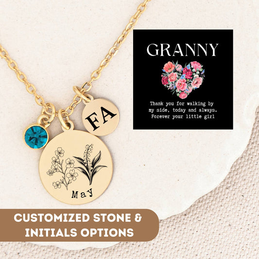 Personalized Birthflower Necklace For Granny Nana Grandmother Gigi, Birth Flower Necklace, Birth Flower Jewelry For Mom, Birth Flower Gift