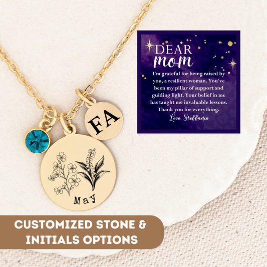 Personalized Birthflower Necklace For Mom, Gratitude Gift, Birthflower Pendant, Birth Flower Charm, Birth Flower Necklace With Birthstone