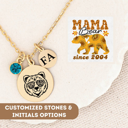 Personalized Necklace For Mom Gift, Bear Necklace, Custom Mama Bear Necklace Gold, Mama Bear Gift, Mama Bear Jewelry, Mama Bear Birthstone