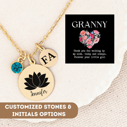 Personalized Necklace For Nana Grandma Grandmother Granny Mom Mother Gram Nona, Granny Gift, Lotus Flower Pendant, Lotus Flower Necklace