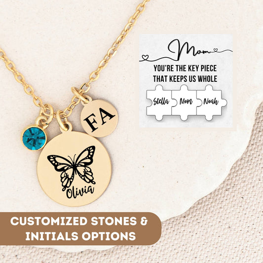 Personalized Mom Butterfly Gift, Custom Mom Necklace, Mom Puzzle Gift, Mom gift, Mom necklace silver, Mother charm necklace, Mom jewelry