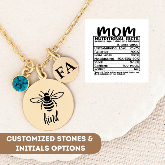 Personalized Bee Kind Necklace For Mom, Mom Nutritional Facts Jewelry, Custom Mom Gift, Mom Necklace, Mom Pendant Silver, Mom Charm Necklace