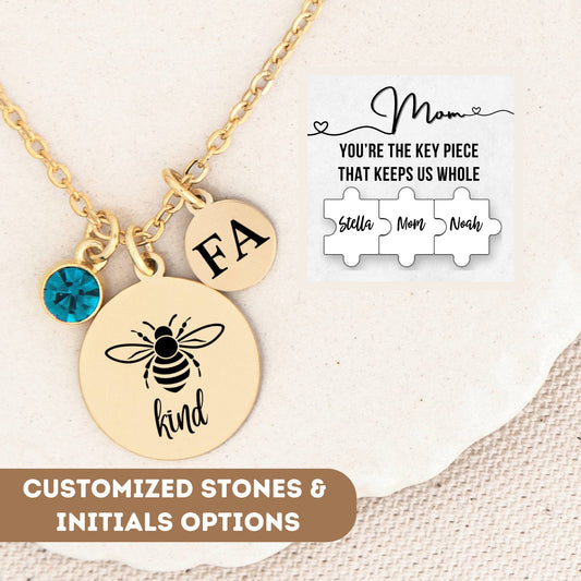 Personalized Bee Kind Necklace for Mom Gift, Mom Puzzle Gift, Mom jewelry, Mom gift, Mom necklace, Mom pendant silver, Mom charm necklace