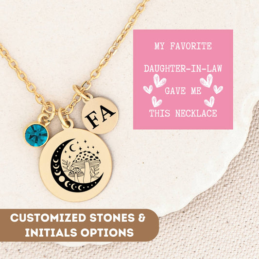 Personalized Mother in Law Necklace, Gift From Daughter In Law, Bonus Mom, Bonus Mother In Law, Second Mom Gift, Mushroom Moon Necklace