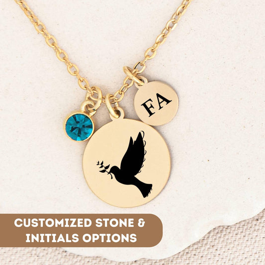 Personalized Dove Necklace, Delicate Dove Choker, Flying Dove Bird Necklace, Dove Charm Necklace, Gold Silver Dove Pendant, Dove With Branch