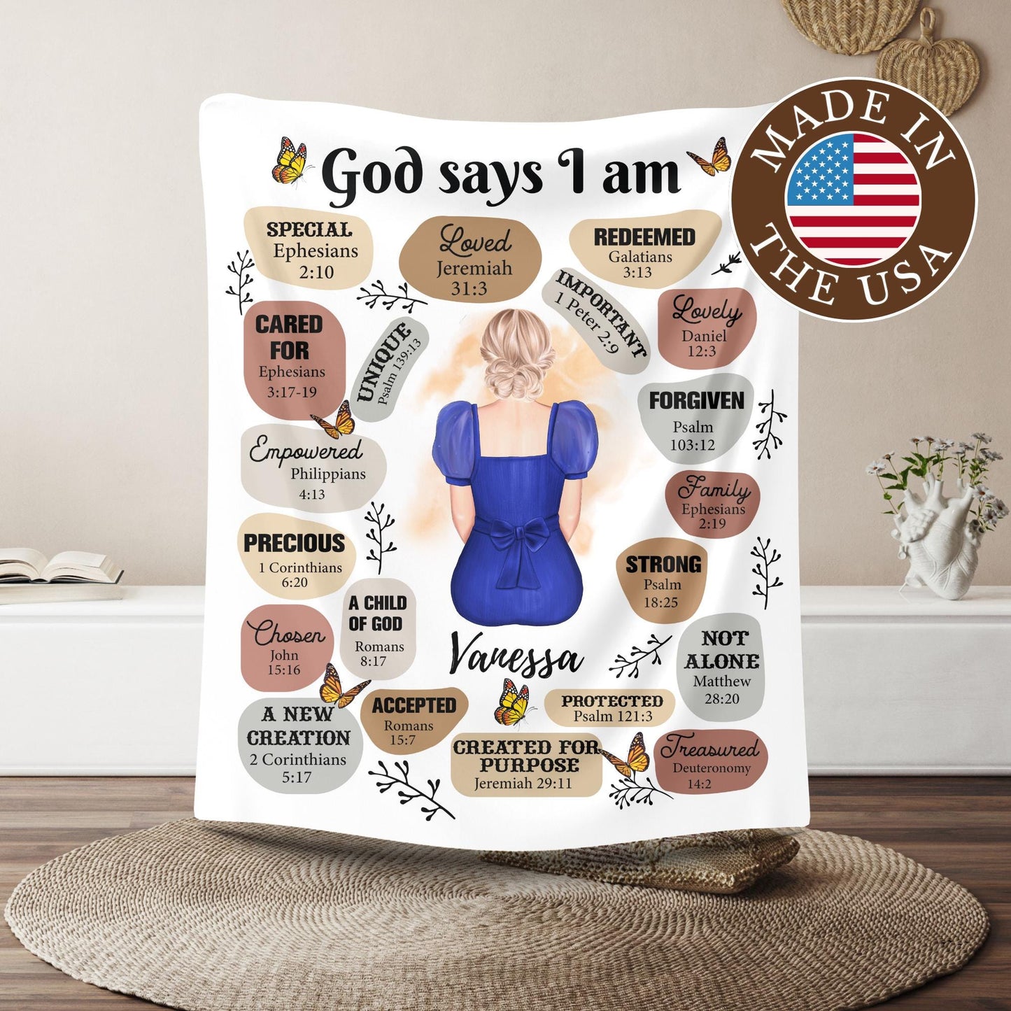 a white shower curtain with a picture of a woman in a blue dress