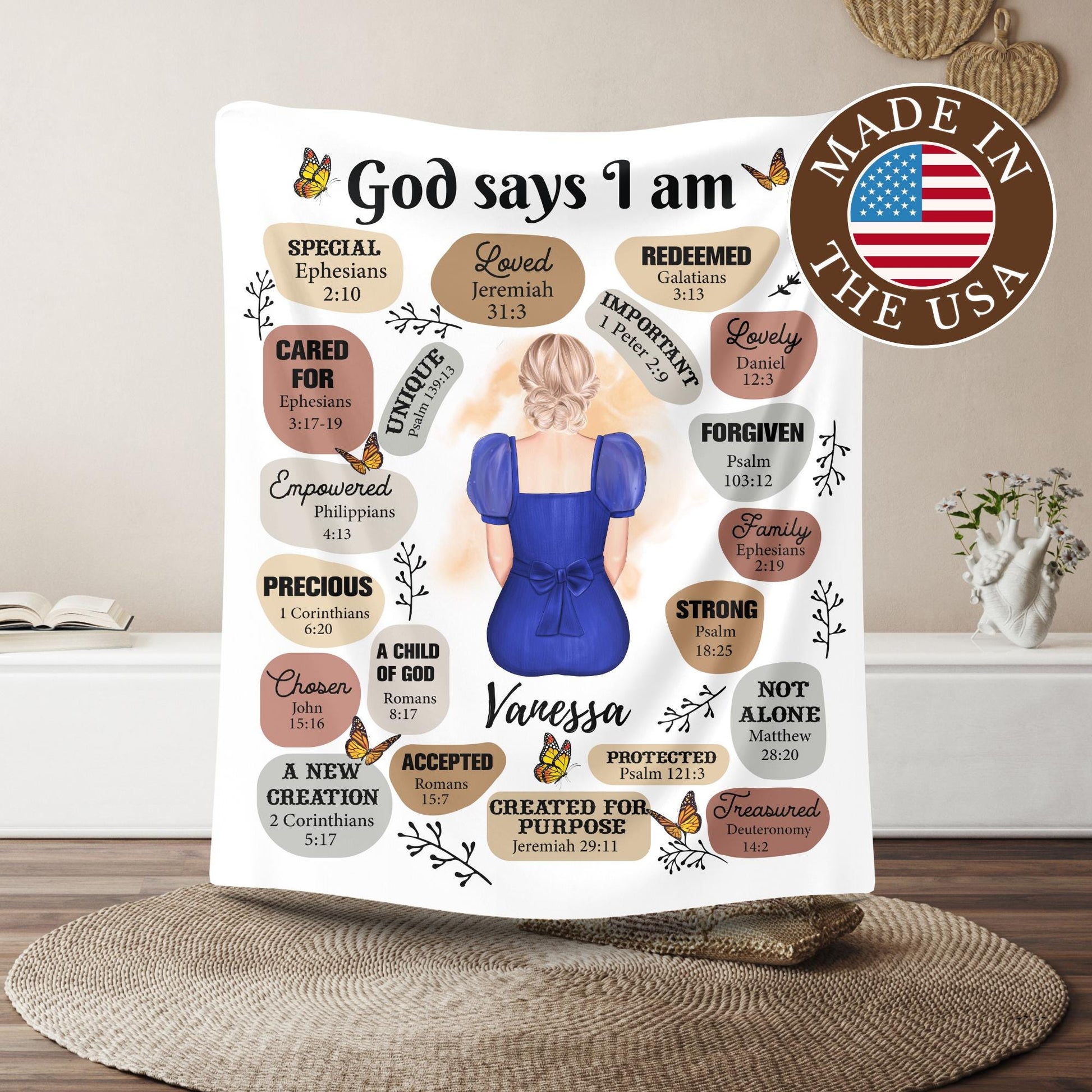 a white shower curtain with a picture of a woman in a blue dress