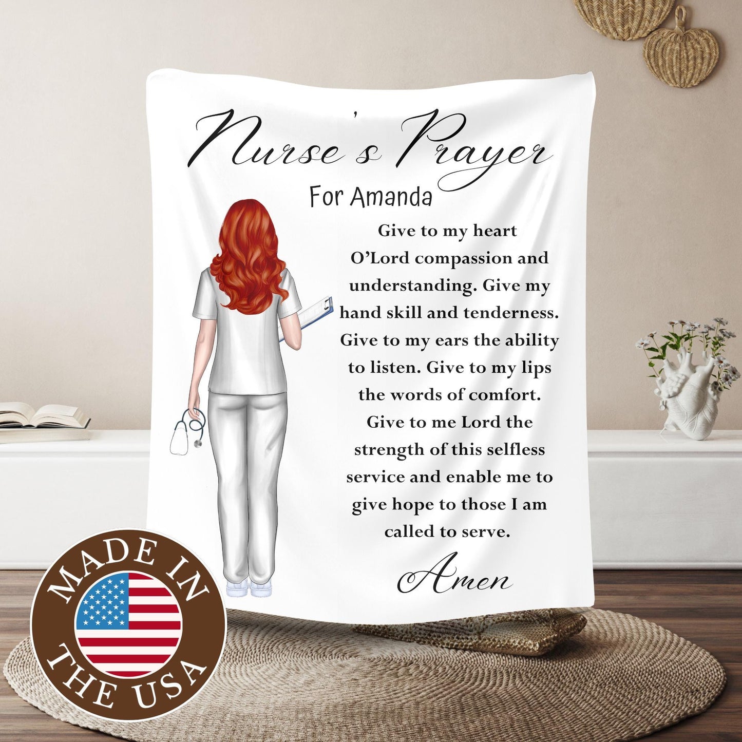 a personalized nurse&#39;s prayer blanket with an american flag