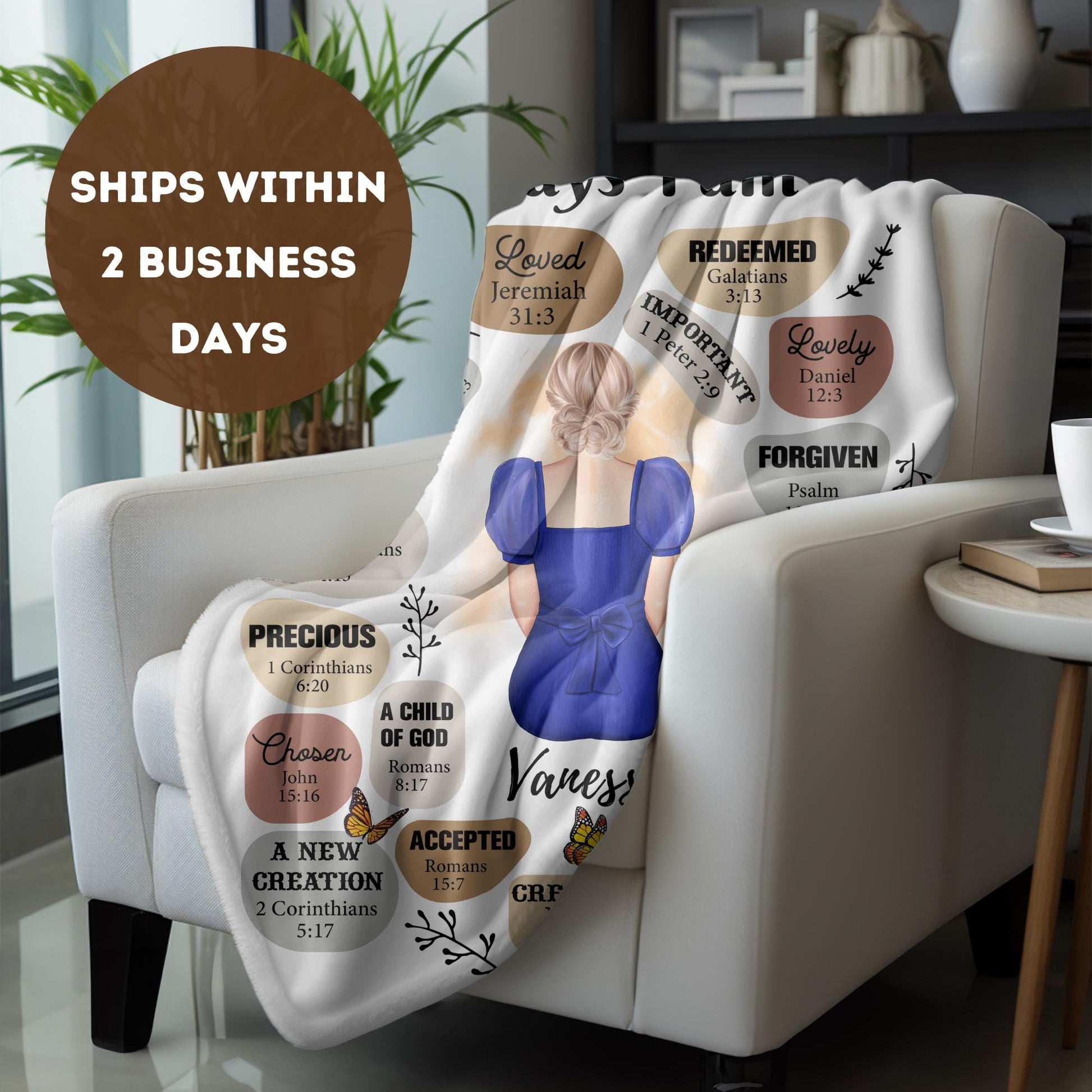 a chair with a blanket on it with a picture of a woman in a blue